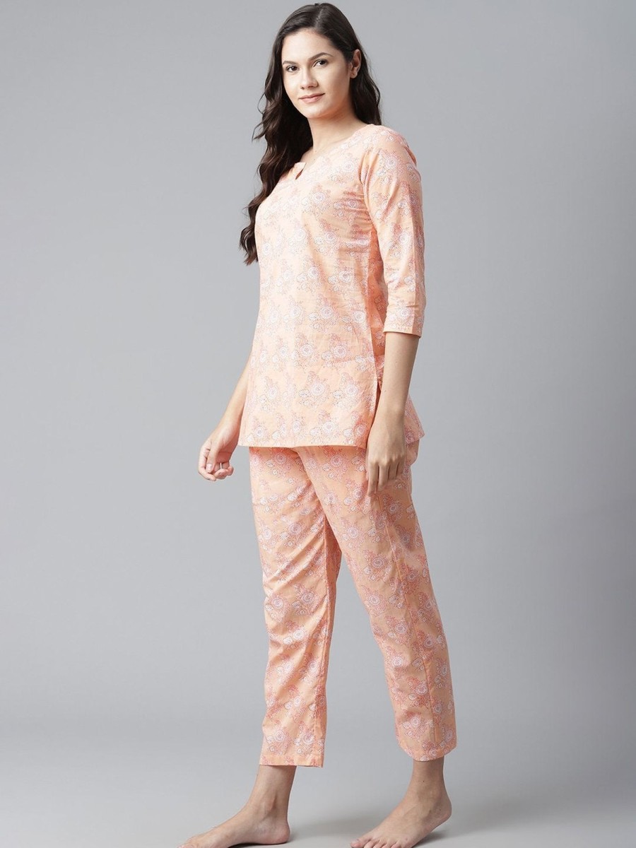 Women Divena | Women'S Peach Printed Cotton Nightwear - Divena