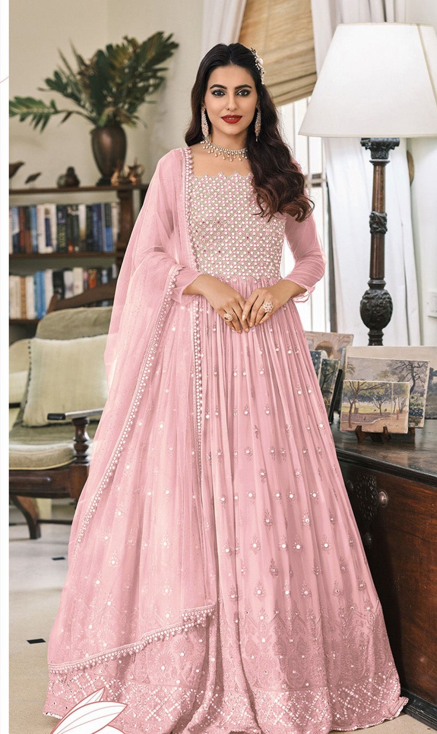 Women Monjolika | Women'S Baby Pink Embroidered Mehndi Trendy Anarkali Salwar Kameez - Monjolika