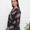 Women Myshka | Women'S Floral V-Neck Regular Sleeves Synthetic Georgette Top - Myshka Black