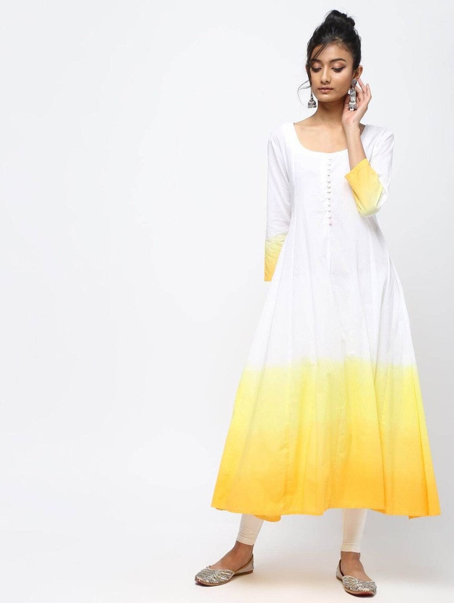 Women CHEERA | Women'S U0026 Yellow Flair Kurta Only With Double Dyed Omre - Cheera White