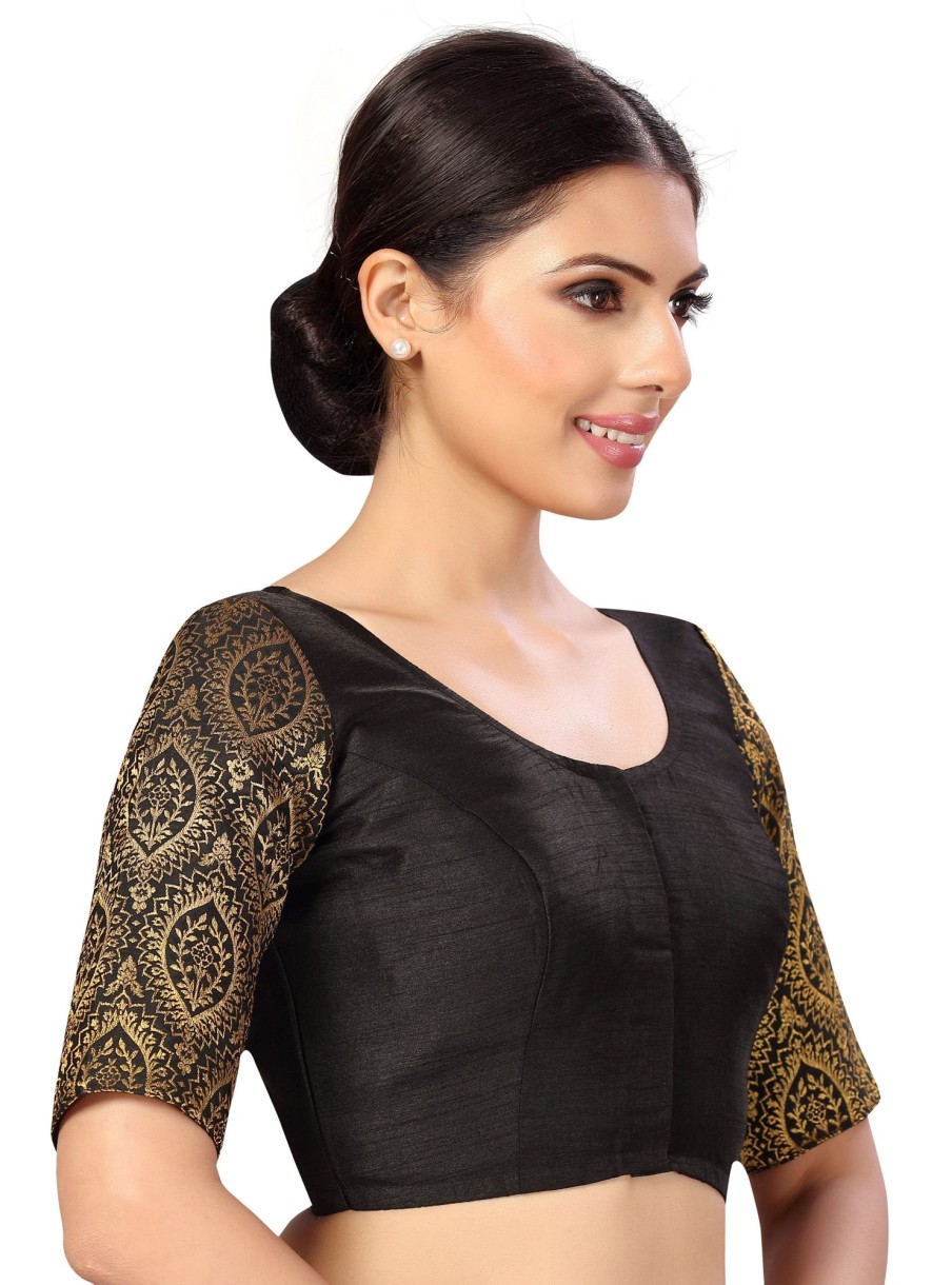 Women Shringaar | Women'S S Elbow Length Sleeves Silky Saree Blouse With Brocade Sleeves. - Shringaar Black