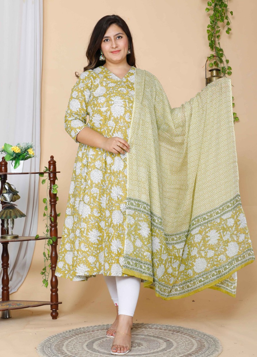 Women Miravan | Women'S Plus Size Floral Anarkali Kurta With Dupatta - Miravan Yellow