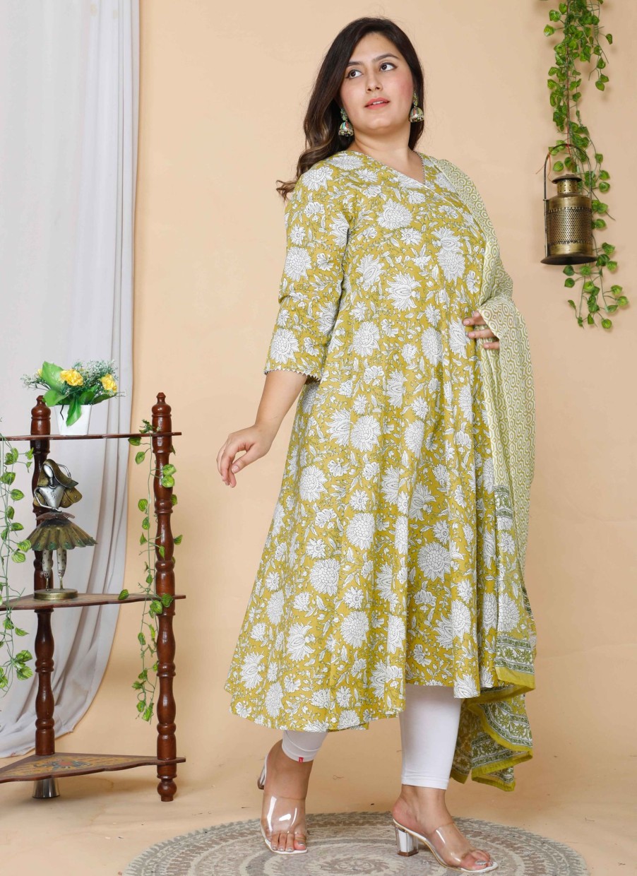 Women Miravan | Women'S Plus Size Floral Anarkali Kurta With Dupatta - Miravan Yellow