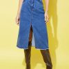 Women StyleStone | Women'S Denim Midi Skirt With Center Slit - Stylestone Blue