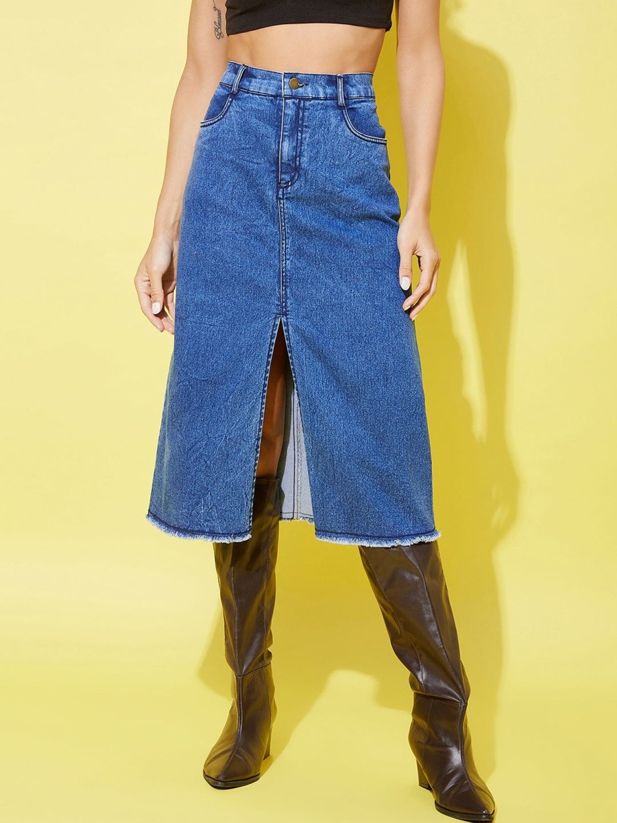 Women StyleStone | Women'S Denim Midi Skirt With Center Slit - Stylestone Blue