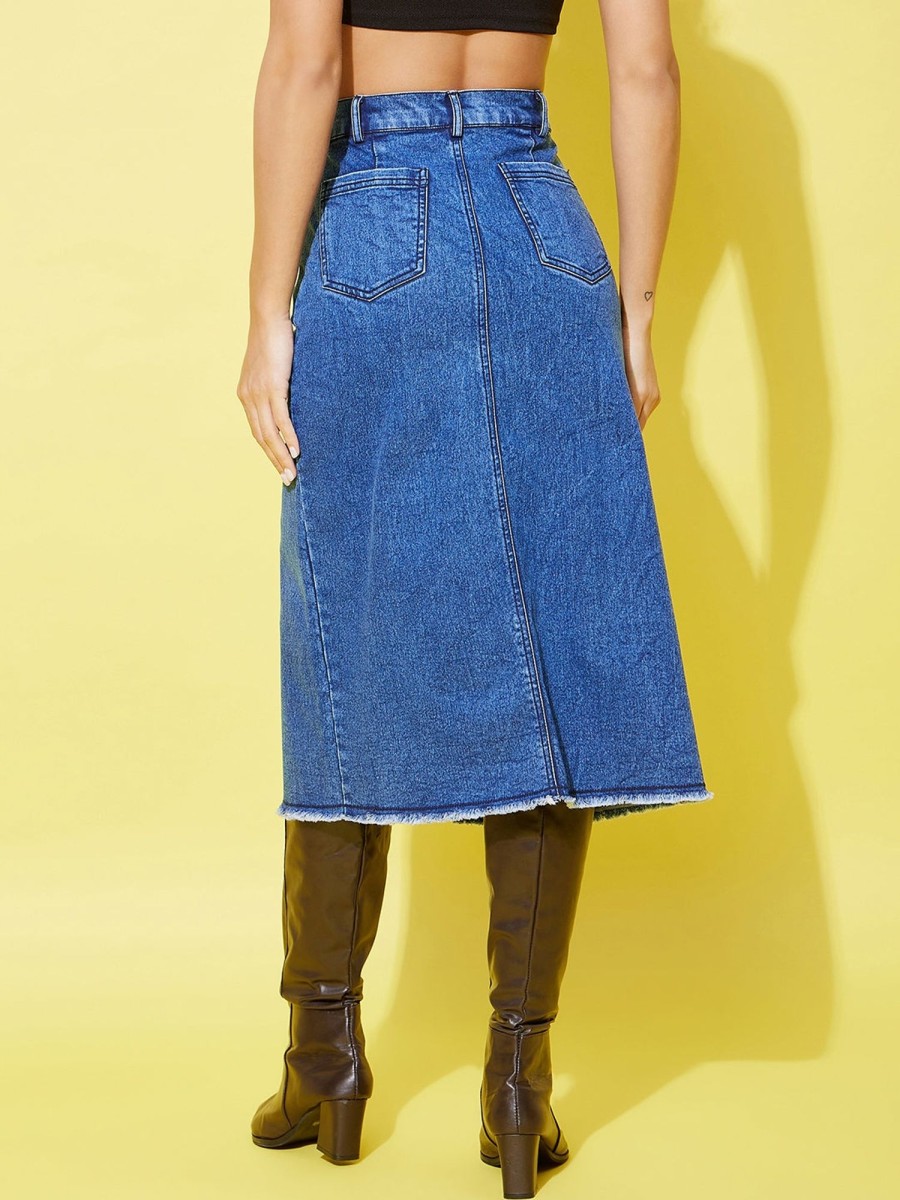 Women StyleStone | Women'S Denim Midi Skirt With Center Slit - Stylestone Blue