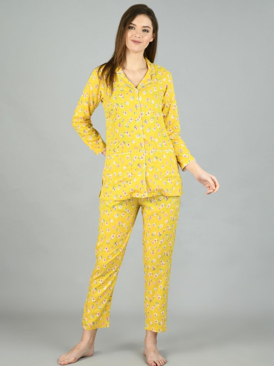 Women Myshka | Women'S Yellow Cotton Printed Full Sleeve Shirt Collar Casual Shirt Pyjama Set - Myshka