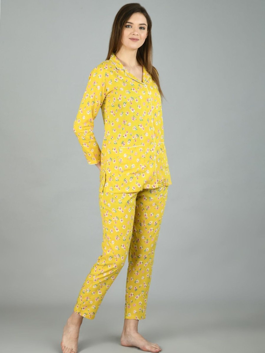 Women Myshka | Women'S Yellow Cotton Printed Full Sleeve Shirt Collar Casual Shirt Pyjama Set - Myshka