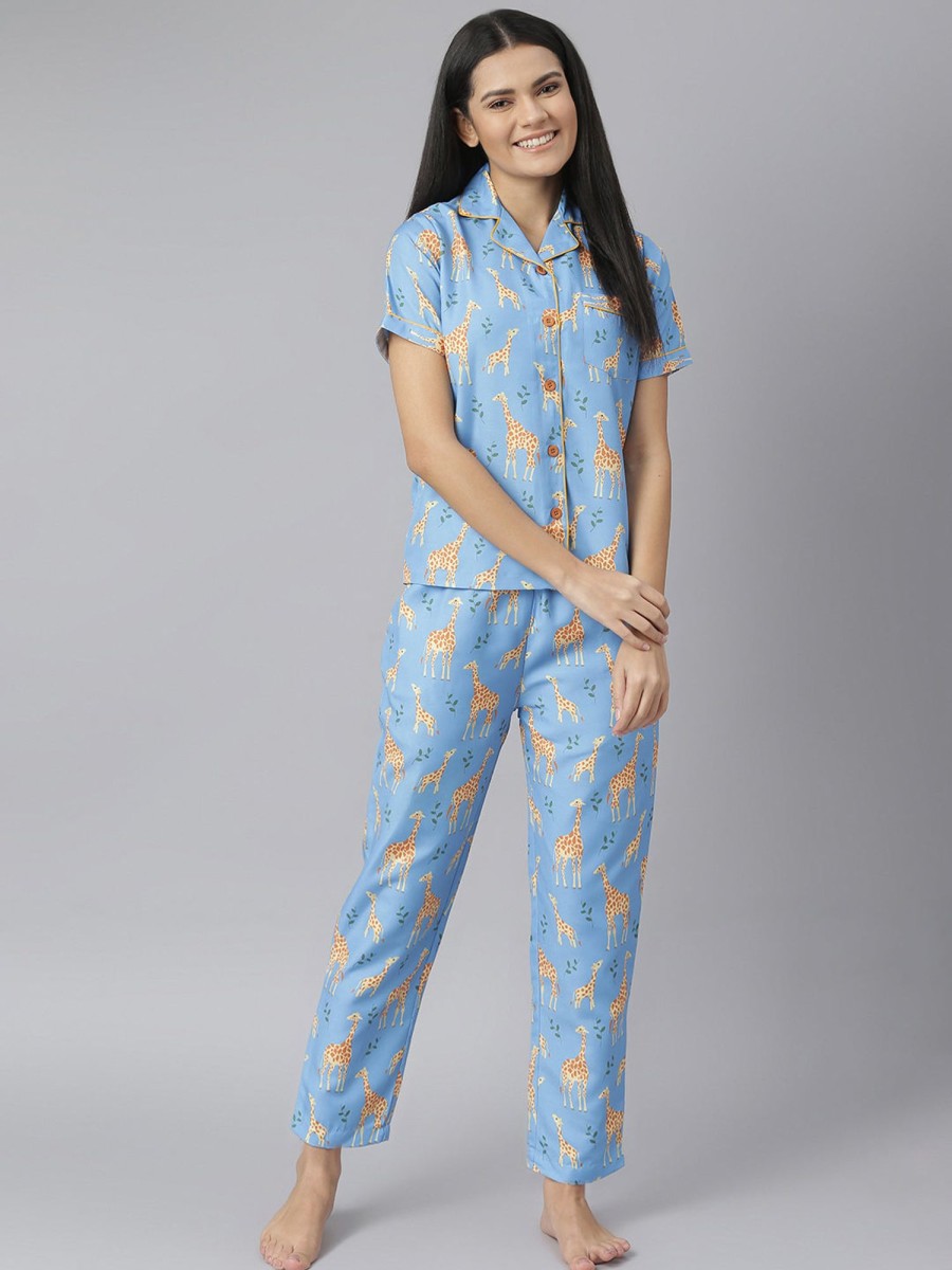 Women StyleStone | Women'S Summer Giraffe Digital Printed Night Suit Set - Stylestone Blue