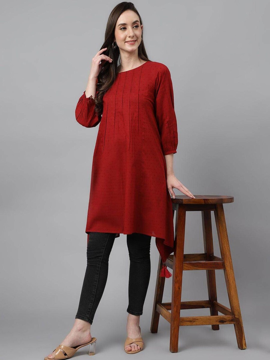 Women Janasya USA | Women'S Dobby Cotton Solid Handkerchief Tunic - Janasya Usa Maroon