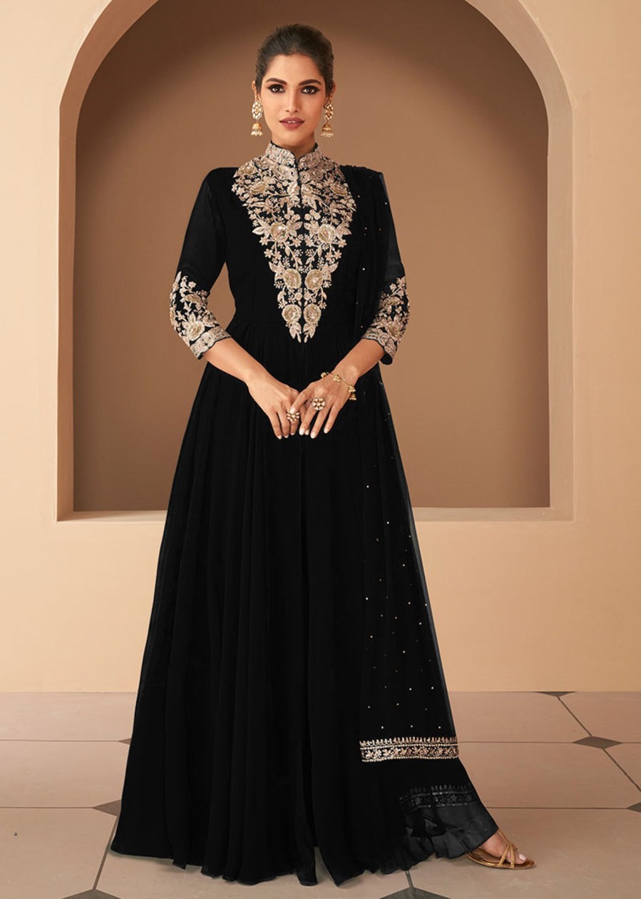 Women Monjolika | Women'S Georgette Semi Stitched Embroidered Designer Suit - Monjolika Black