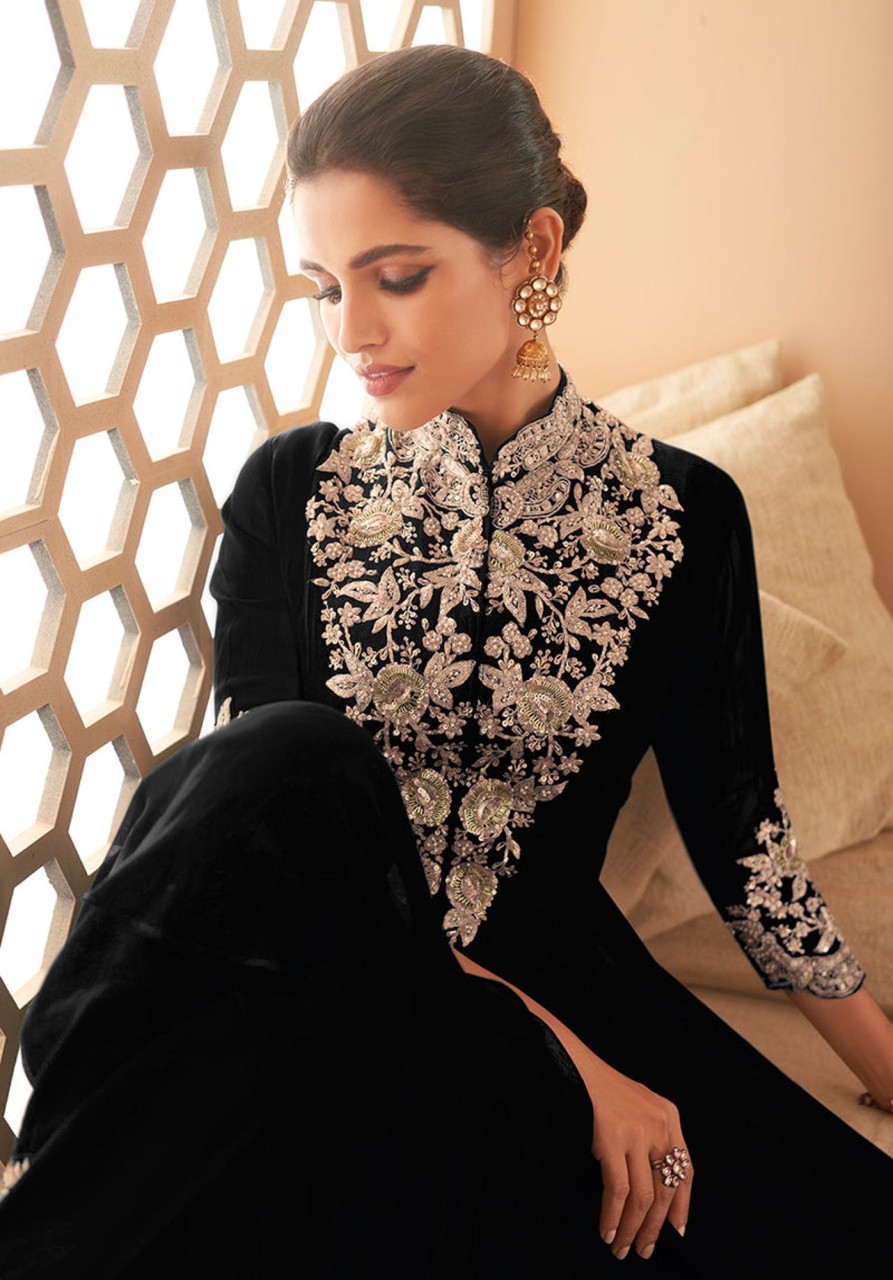 Women Monjolika | Women'S Georgette Semi Stitched Embroidered Designer Suit - Monjolika Black