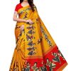 Women Vamika | Women'S Vamika Wine Kalamkari With Jhalar Khadi Silk Saree Kathak Vamika Yellow