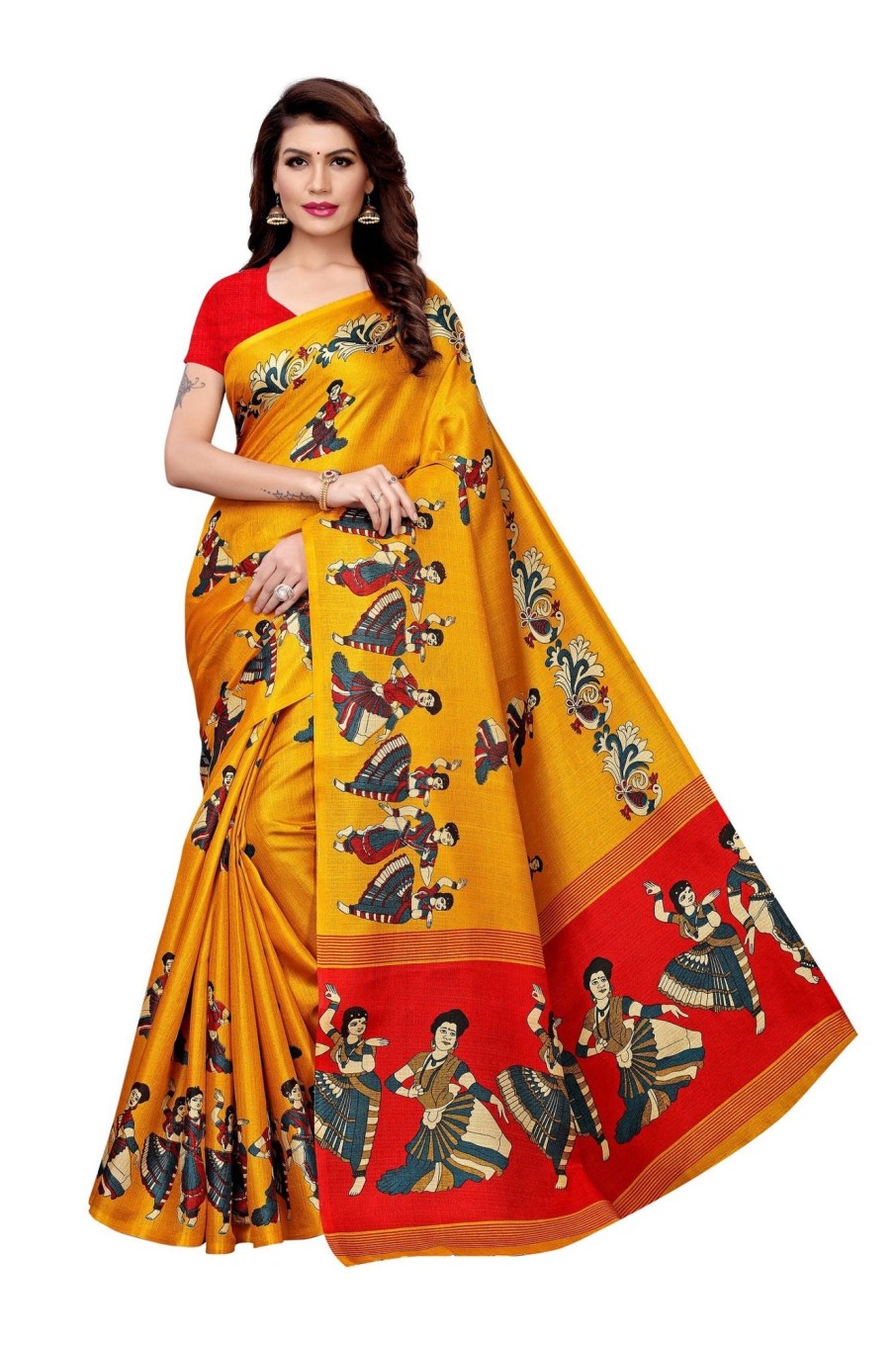 Women Vamika | Women'S Vamika Wine Kalamkari With Jhalar Khadi Silk Saree Kathak Vamika Yellow